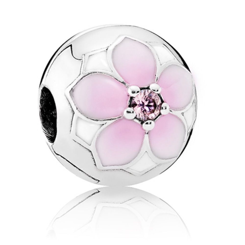 PANDORA Retired S/S Magnolia Bloom Clip Pale Cerise Enamel and Pink Zirconia